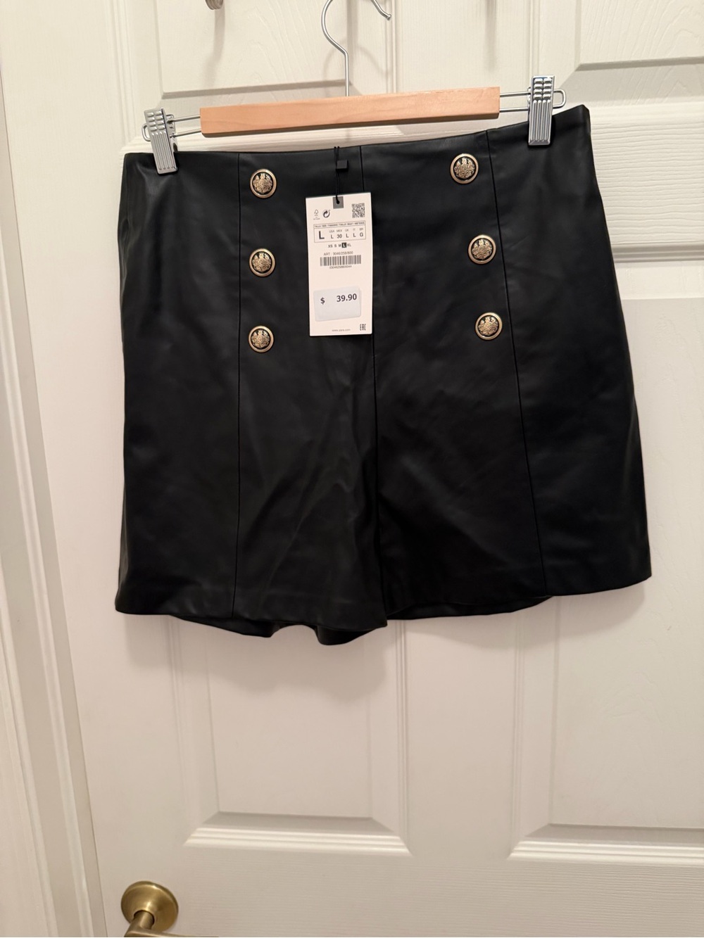 Zara Black Faux Leather Shorts with Gold Button Trim